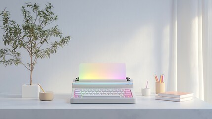 A sleek writing space with interactive digital typewriters and neon-lit writing journals, encouraging creativity