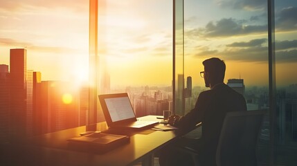 Fototapeta premium Silhouette of a businessman working on a laptop in a city office with a sunset view.
