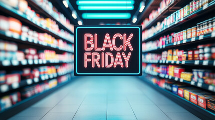 Black Friday sale sign in a bright grocery store aisle filled with products.