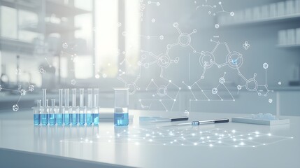 Modern laboratory scene with blue liquid in test tubes and digital molecular graphics, exemplifying scientific research and innovation.