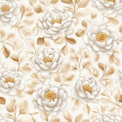 A delicate floral pattern featuring soft white peonies and golden leaves on a light background, creating an elegant, serene ambiance.