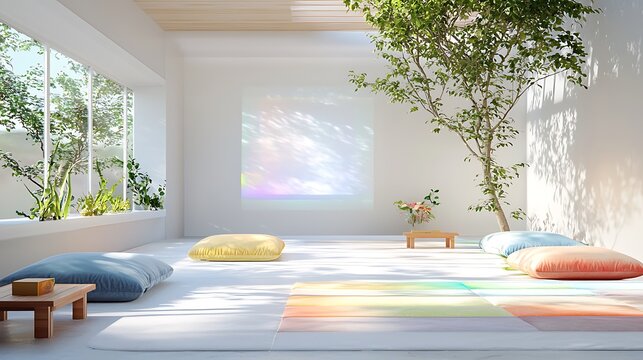A futuristic meditation room with holographic meditation guides and glowing meditation cushions, promoting inner peace