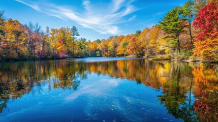 In a tranquil setting, an autumn lake is bordered by colorful trees, their brilliant hues mirrored in the clear water, creating a harmonious scene.