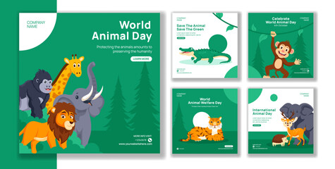 Fototapeta premium World Animal Day Social Media Post Flat Cartoon Hand Drawn Templates Background Illustration