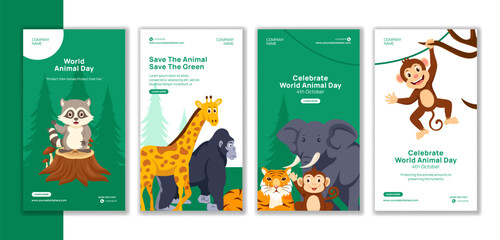 World Animal Day Social Media Stories Flat Cartoon Hand Drawn Templates Background Illustration