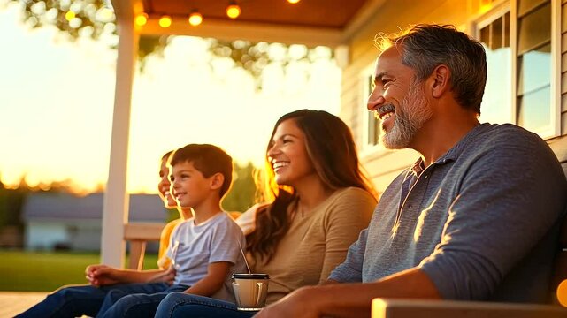 A Latin American family sitting on their front porch during the evening, enjoying each other&rsquo;s company. The children play nearby while the adults chat, drink coffee, and relax