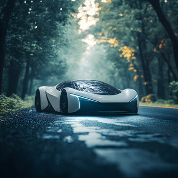 Slide into the future with this sleek, white EV cruising through a tranquil, tree-lined road. 