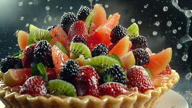A vibrant fruit tart topped with assorted berries and kiwi, splashed with water droplets.