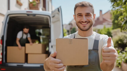 Moving and teamwork in transport services. Handsome smiling loader holding cardboard box and showing thumb up at minivan. Two male moving service workers in uniform carefully carry boxes. Delivery