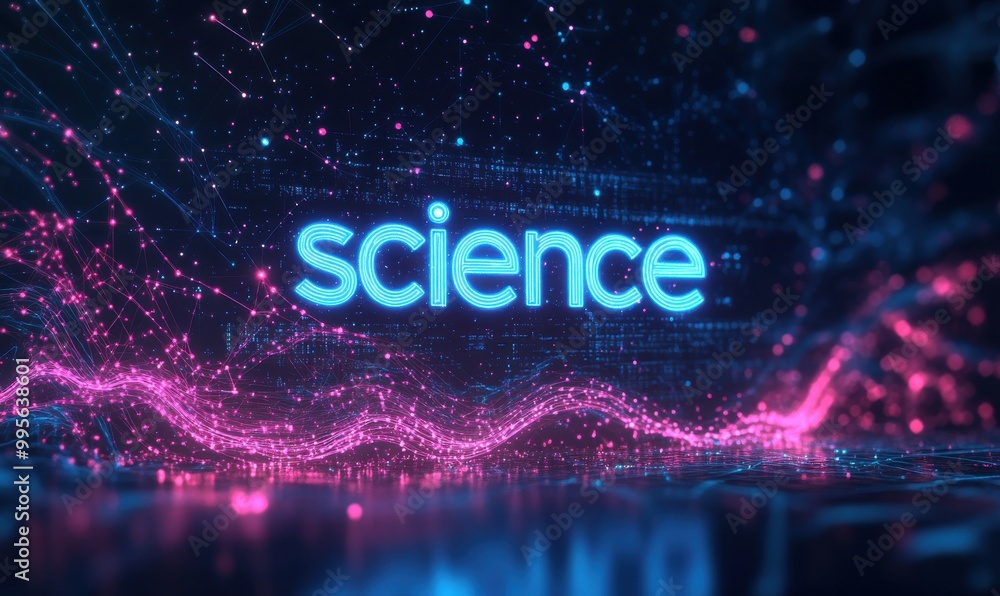 Aufkleber futuristic science concept with glowing neon text and digital wave elements in a vibrant, technology