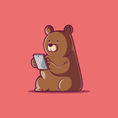A Bear character using a smartphone vector illustration. Tech, mascot design concept.