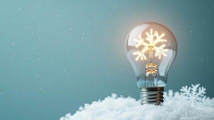 Electric light bulb surrounded by softly glowing snowflakes, radiating a warm ambient light, representing warmth amidst the cold of winter