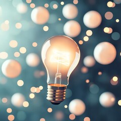 Electric light bulb surrounded by floating orbs of light, ambient glow creating a mystical, otherworldly atmosphere, symbolizing inspiration