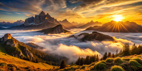 breathtaking sunrise over misty mountain valley unfolds with dramatic flair, illuminating peaks and valleys in warm golden hues. serene landscape evokes sense of tranquility and awe