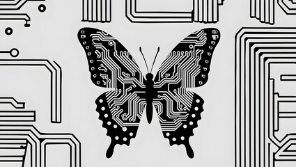 Black and white butterfly illustration, wings with black and white circuit board pattern, on a circuit board background.