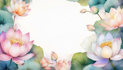 watercolor pastel lotus flower frame, flower around frame, white color free space for your text and advertising. for banner for invitation, greeting cad, wedding decor. Spa, meditation center poster.
