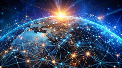 Fototapeta premium Planet earth showing continents and cities illuminated at night, connected by network lines, illustrating global communications