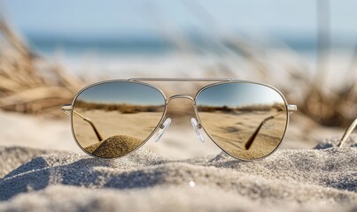 Sunglasses reflecting beach on sand.