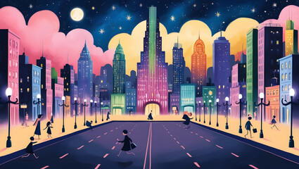 Obraz premium Illustration, pastel color drawing, night city, bright colors.