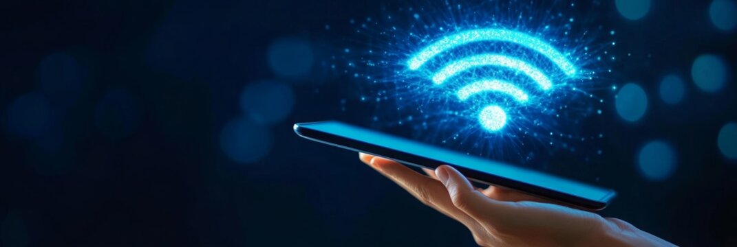 wifi signal icon emerging from a digital tablet. Smart Wireless Communication and Virtual Internet Connection Management, access to the internet and network services. strong connection and data flow. - Powered by Adobe