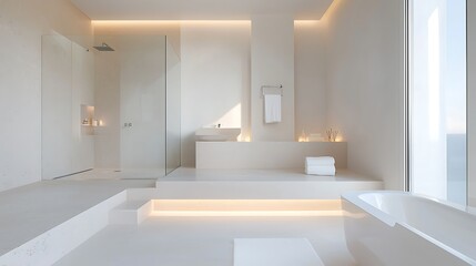 A modern bathroom with transparent fixtures and glowing ambient lighting, promoting relaxation