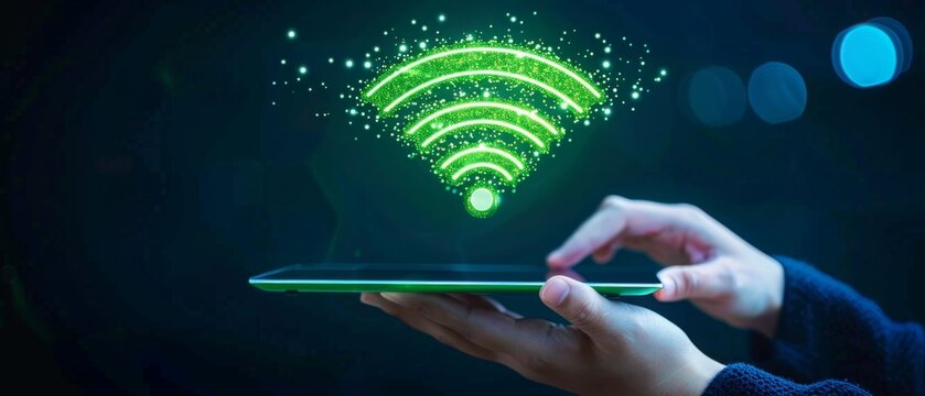 wifi signal icon emerging from a digital tablet. Smart Wireless Communication and Virtual Internet Connection Management, access to the internet and network services. strong connection and data flow.