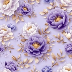 A vibrant floral pattern featuring purple and white roses with delicate golden leaves on a soft lavender background.