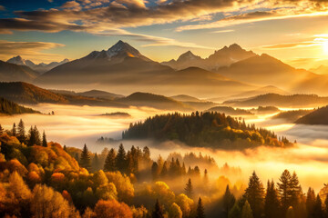 Fototapeta premium breathtaking view of misty mountain valley at sunrise, where morning light gently illuminates landscape, revealing vibrant autumn colors and serene fog