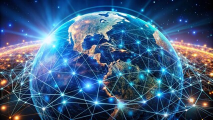 Obraz premium Planet earth showing continents and cities illuminated at night, connected by network lines, illustrating global communications
