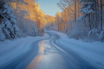 Obraz premium a serene winter road blanketed in glistening snow and ice framed by snowcovered trees evoking a sense of stillness and tranquility amidst a chilly crisp atmosphere