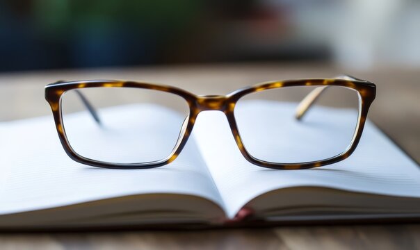 Open book with tortoiseshell glasses on top.