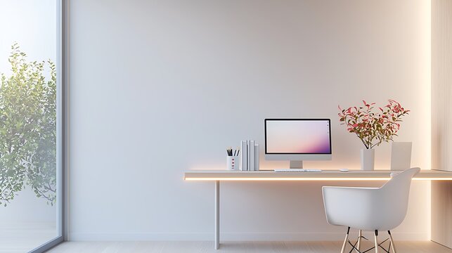 A sleek home office with interactive digital workstations and neon-lit productivity tools, promoting efficiency
