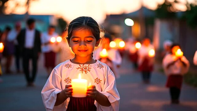A neighborhood participating in Christmas Processions, with children and adults dressed as Mary, Joseph, and angels walking door-to-door, reenacting the journey to Bethlehem