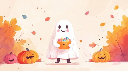 Obraz premium A cute ghost holds a pumpkin basket surrounded by autumn leaves and smiling pumpkins, perfect for Halloween-themed designs.