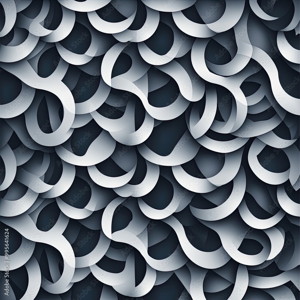 Poster a dynamic, textured background of overlapping, swirling ribbon-like forms in shades of gray, creatin