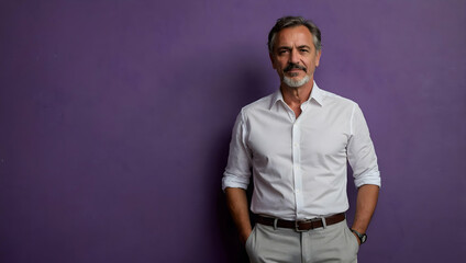 Obraz premium Confident Mature Man: Portrait of a successful businessman against a rich purple background 