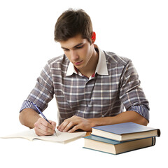 Cheerful student writing and posing