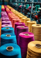 Large spools of dyed yarn arranged in a textile factory, with multiple colors ready for weaving, set against the background of machinery and an empty space on top for writing,