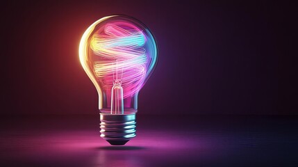 Electric light bulb with a swirling vortex of colors inside, glowing in an ambient dark room, representing the chaos and beauty of creativity