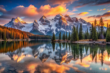 tranquil mountain lake reflects majestic snow capped peaks as warm sunrise enhances serene landscape, creating breathtaking view of natures beauty