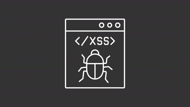 XSS attack white line animation. Hacking malware animated icon. Moving bug, scaling dots. Virus computer. Isolated illustration on dark background. Transition alpha video. Motion graphic
