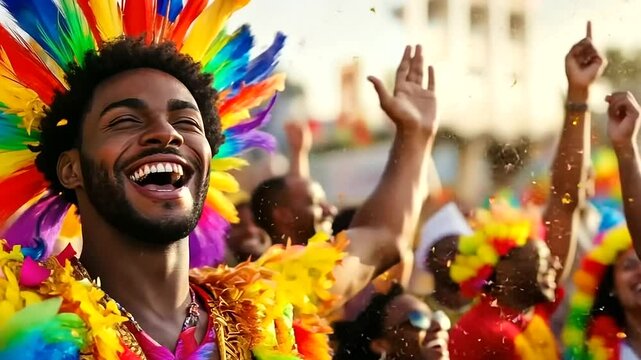 A vibrant Carnival parade in Brazil, with samba dancers in colorful costumes, elaborate floats, and lively music filling the streets