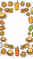 Summer Vacation Frame with Sunflowers, Straw Hats, and Drinks