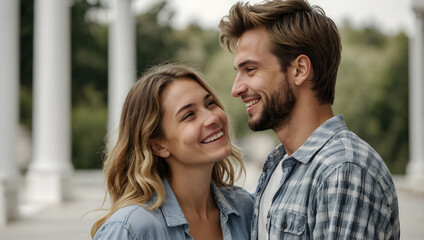 Obraz premium In Love's Embrace: A young couple, their eyes locked in a tender gaze, share a moment of genuine connection, their smiles radiating warmth and affection. Capturing the essence of love and intimacy.