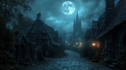 A cobblestone street winds through a shadowy village, lit by a full moon and flickering lanterns. .