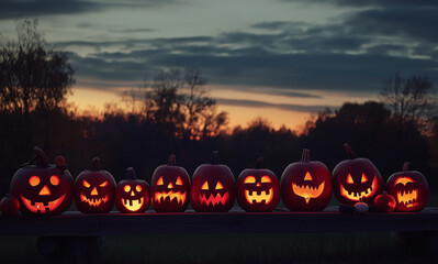 A row of various sized carved Hallowe'en Pumpkins with different facial expressions glowing in the dark.