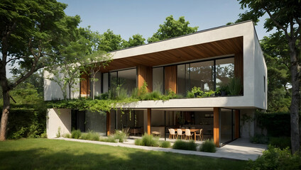 Fototapeta premium Modern Architectural Gem: Luxurious Two-Story Home nestled in lush greenery