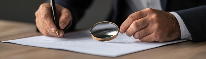 A businessman analyzing a document with a magnifying glass, symbolizing attention to detail and precision in research