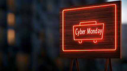 Cyber Monday neon sign glowing in the evening light, emphasizing online shopping deals and promotions.