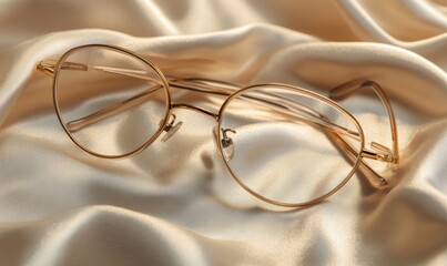 Gold-rimmed glasses on beige silk.